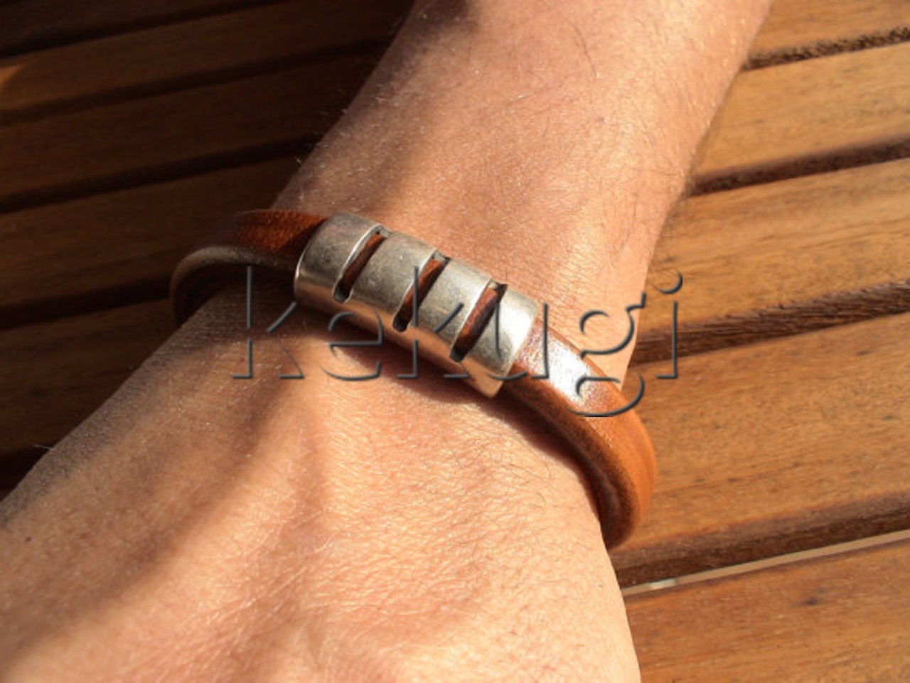 camel brown mens leather bracelet with sterling silver plated tube spacer