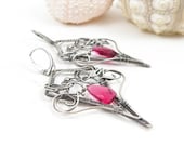 Wire wrap fashion earring , bold long earring , gesmtone wire wrapped jewelry , sterling silver earring , fine jewelry