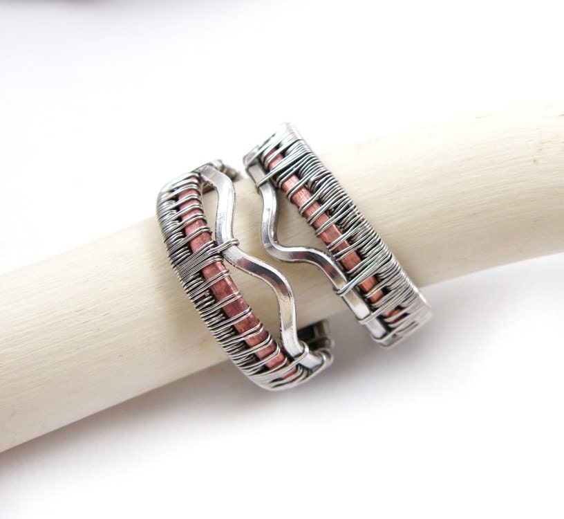 Wedding band set , wire wrapped rings , wirework rustic jewelry , silver copper band