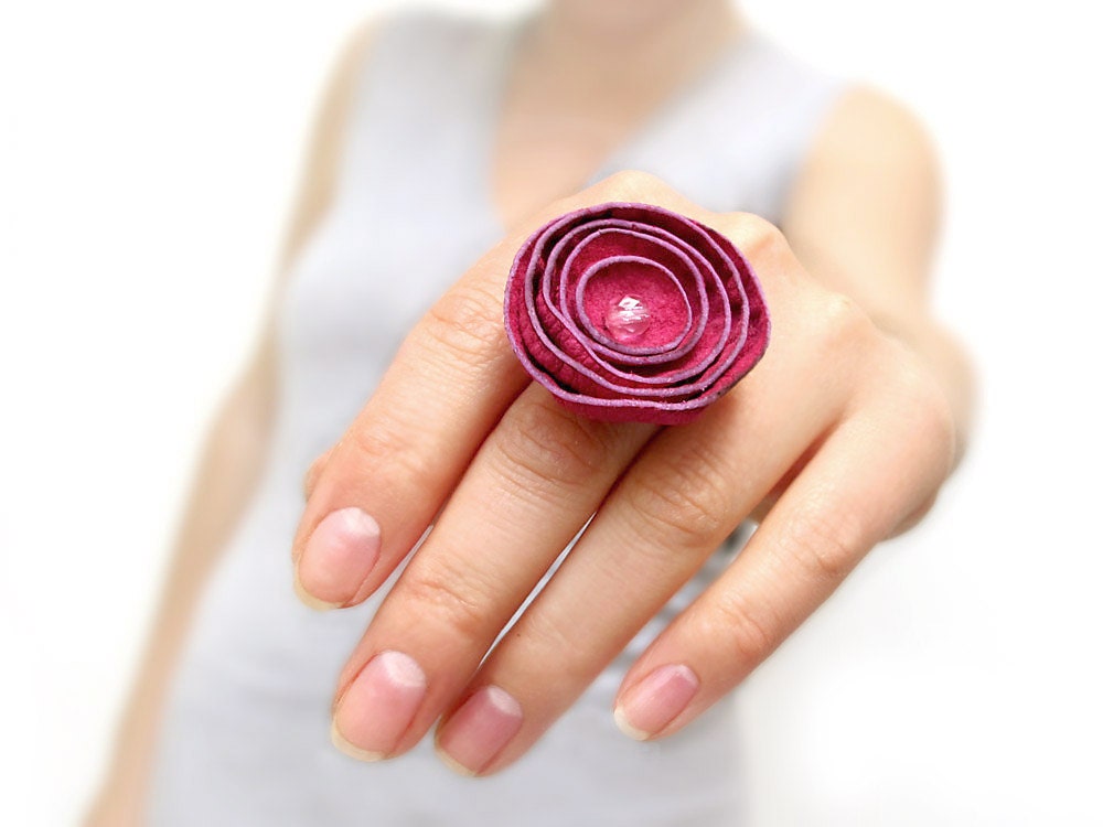 Pink leather ranunculus flower ring