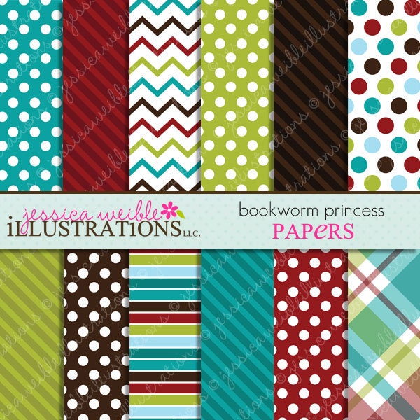 Bookworm Princess Cute Digital Papers Backgrounds for Invitations, Card Design, Scrapbooking, and Web Design Il_570xn