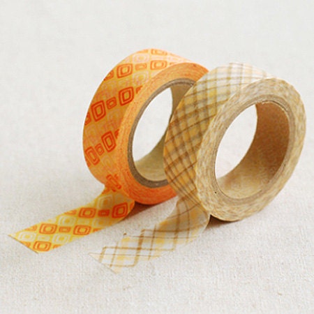 2 Set - Aileen Orange Brown Check Adhesive Masking Tapes (0.6in)