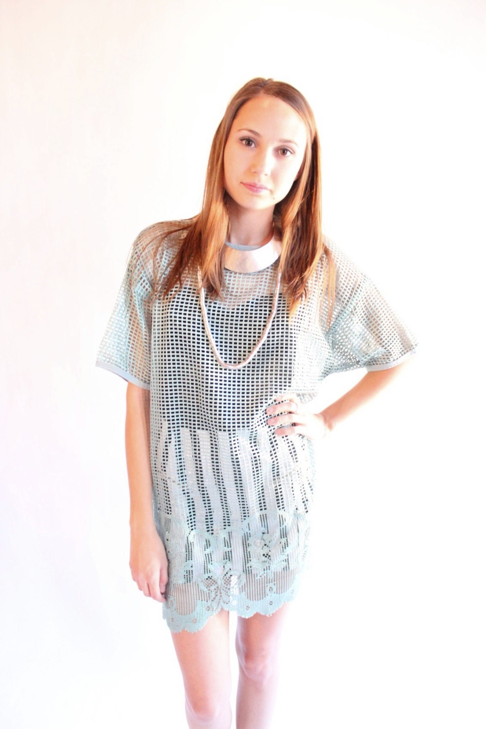 GATSBY 80s Sea Foam Mesh Sheer Floral Jersey Cover Up