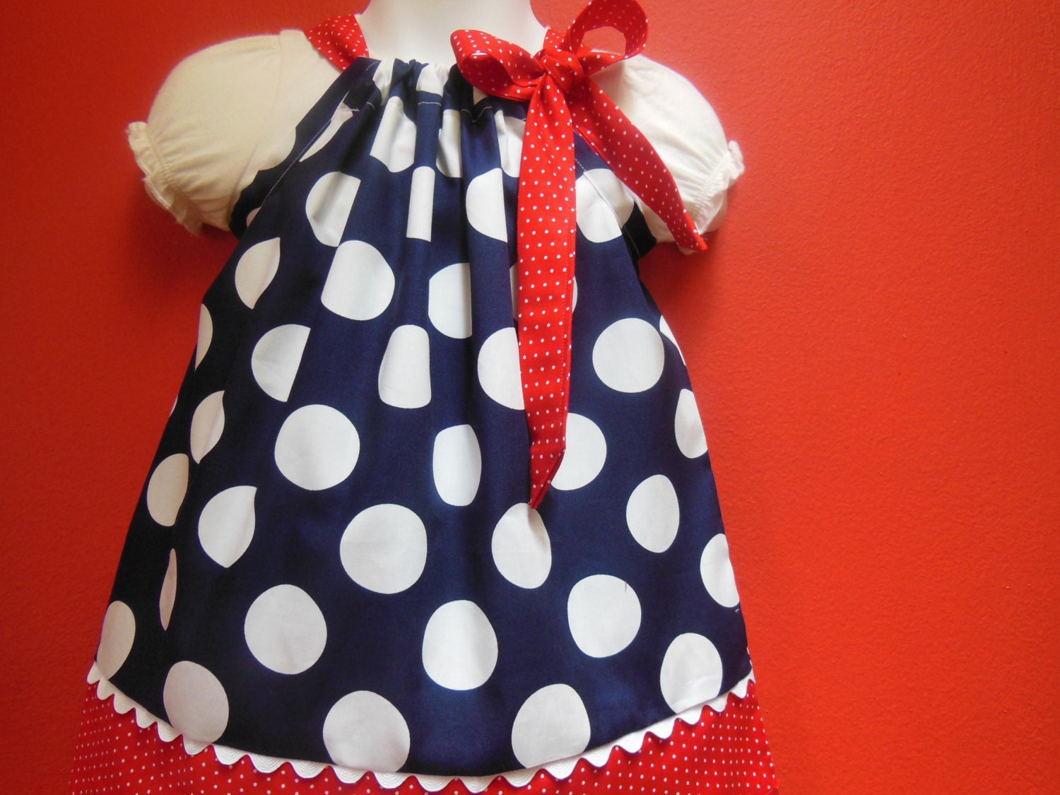 Pillowcase Navy Polk dot with Red and White Trim Custom Sizes NB-6yrs