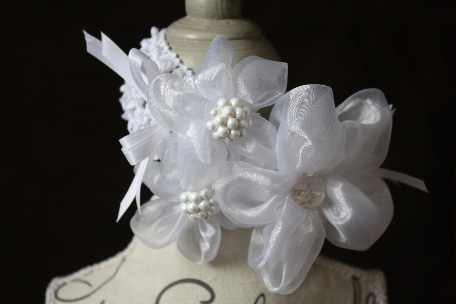 White Flower Headband - Christening Headband - Baptism Headband