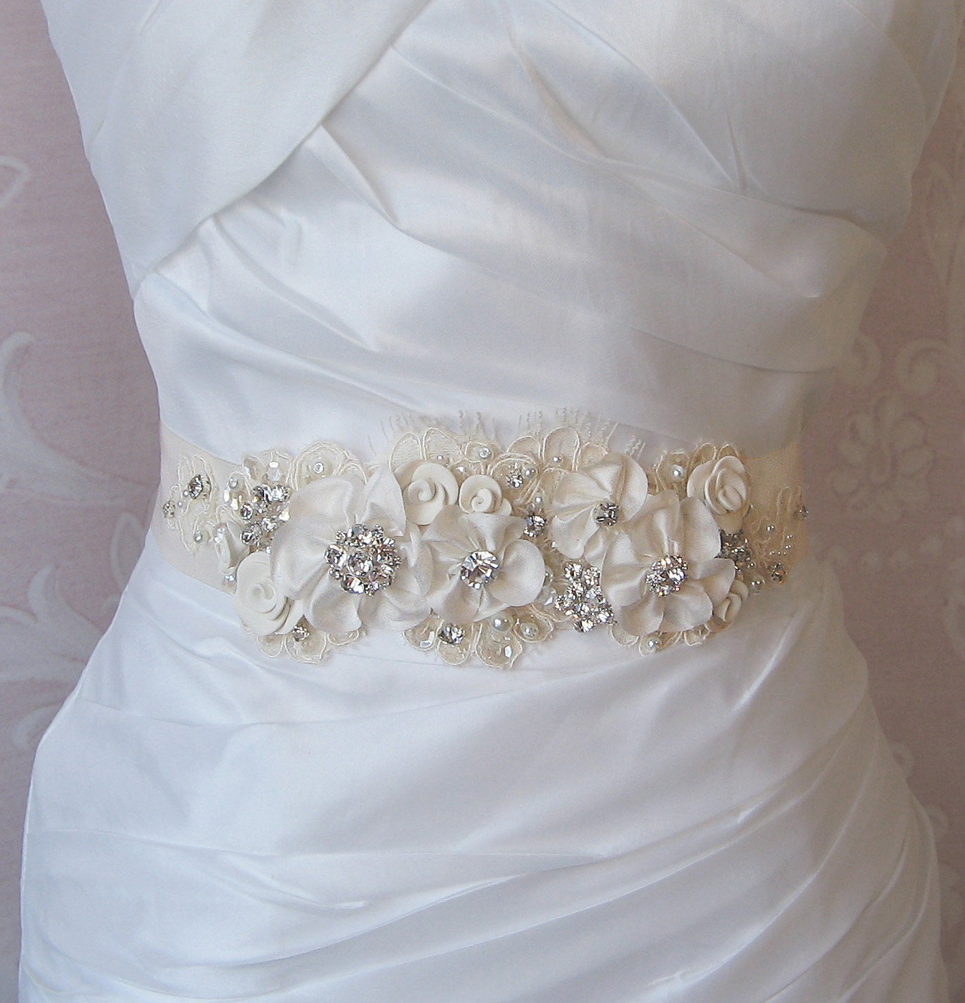 Romantic Ivory Bridal Sash, Wedding Belt, White, Champagne or Ivory Rhinestone and Pearl Flower Sash with Alencon Lace - MEADOW