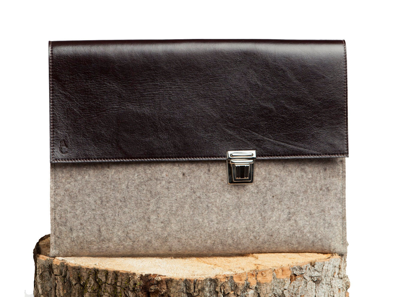 15 inch MacBook Pro Sleeve - Grey Wool Felt with Black Leather - Laptop Case