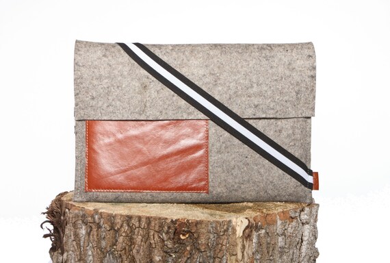 Laptop Case 13 inch MacBook Pro - Sleeve Grey Wool Felt and Brown Leather