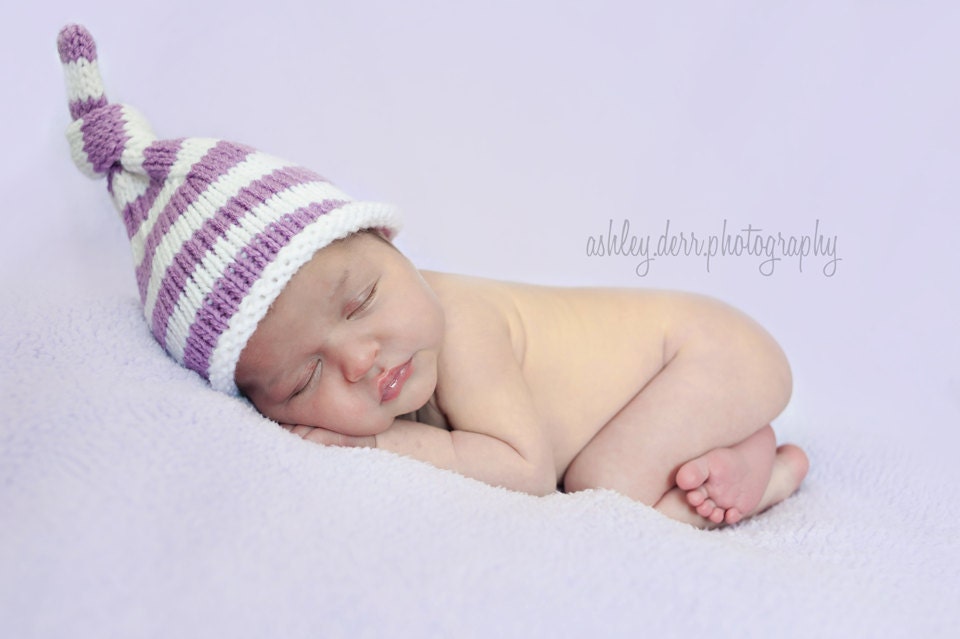 Baby Hat, Newborn Girl, Knit, Hand Knitted Striped Infant Cap, RTS, Ready To Ship, 0-3 Months, Photography Prop, Elf Top Knot Beanie