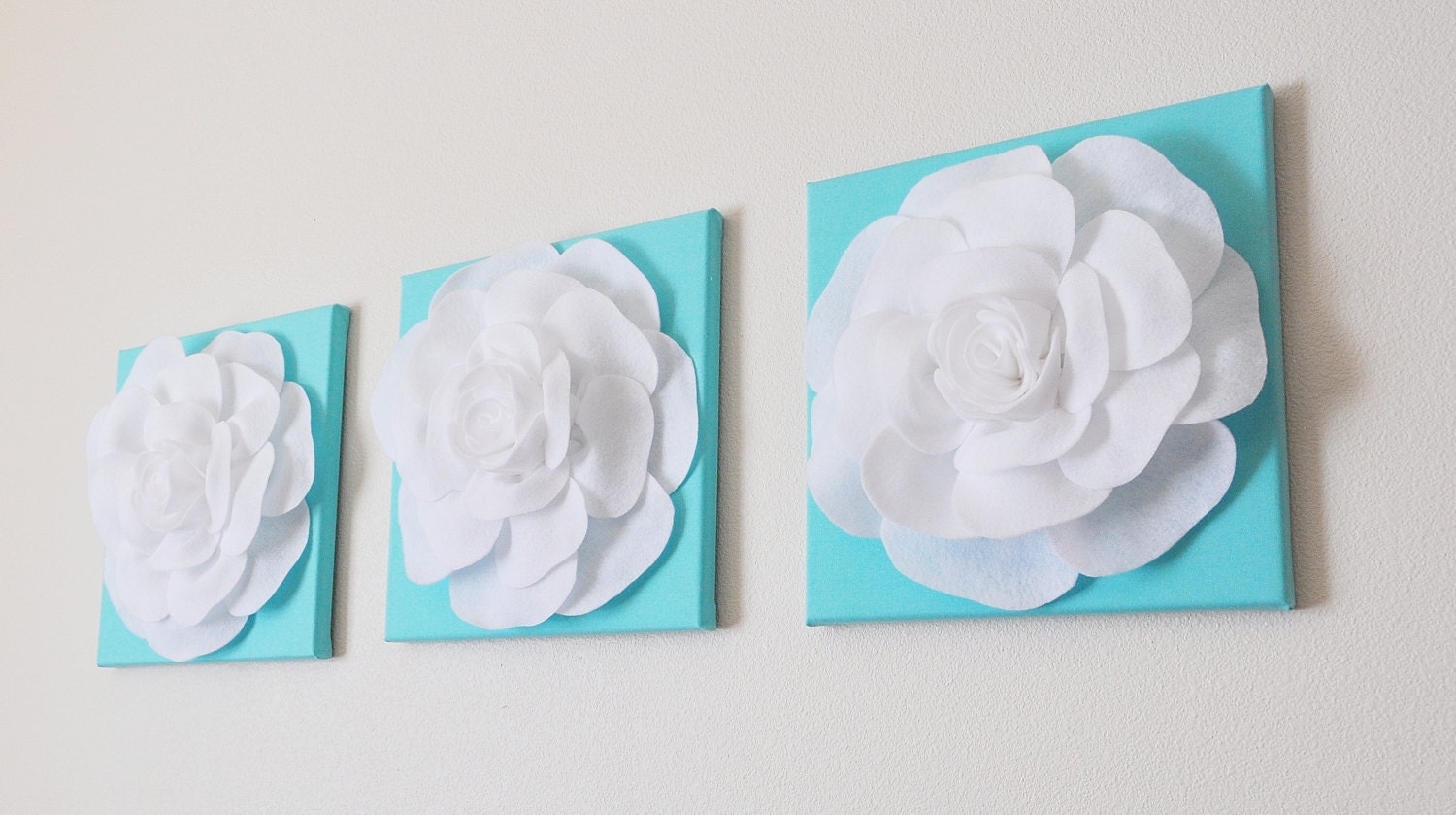 Tiffany Blue -SET OF THREE White Roses on Bright Aqua Solid 12 x12" Canvas Wall Art- Home Decor