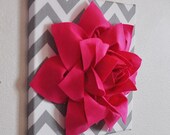 Wall Decor -Hot Pink Lotus Lily Flower on Gray and White Chevron 12 x12" Canvas Wall Art- Home Decor