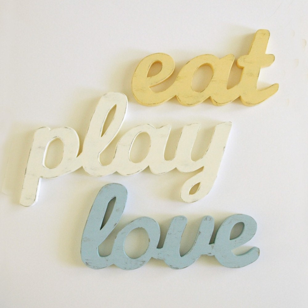 Wood Word Letters. Eat Play Love in Vintage Cottage Style. Antique Yellow, Creamy Ivory, Vintage Blue