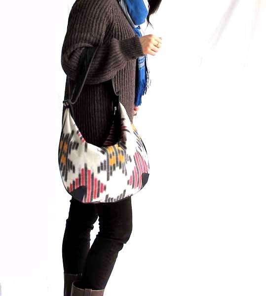 Ikat and grey leather Bag - cross body hobo bag - large travel tote - carryall bag