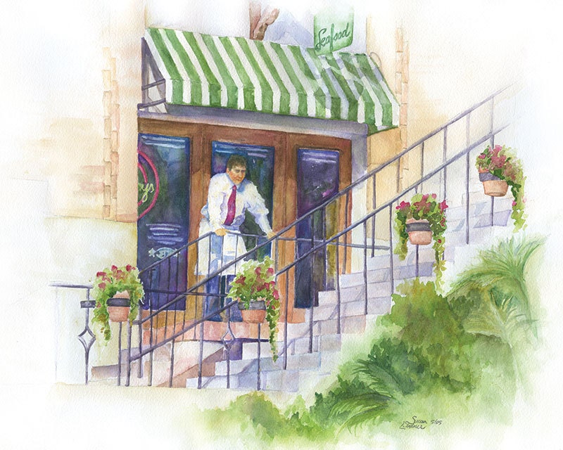 Watercolor Restaurant Waiter Print 8 x 10