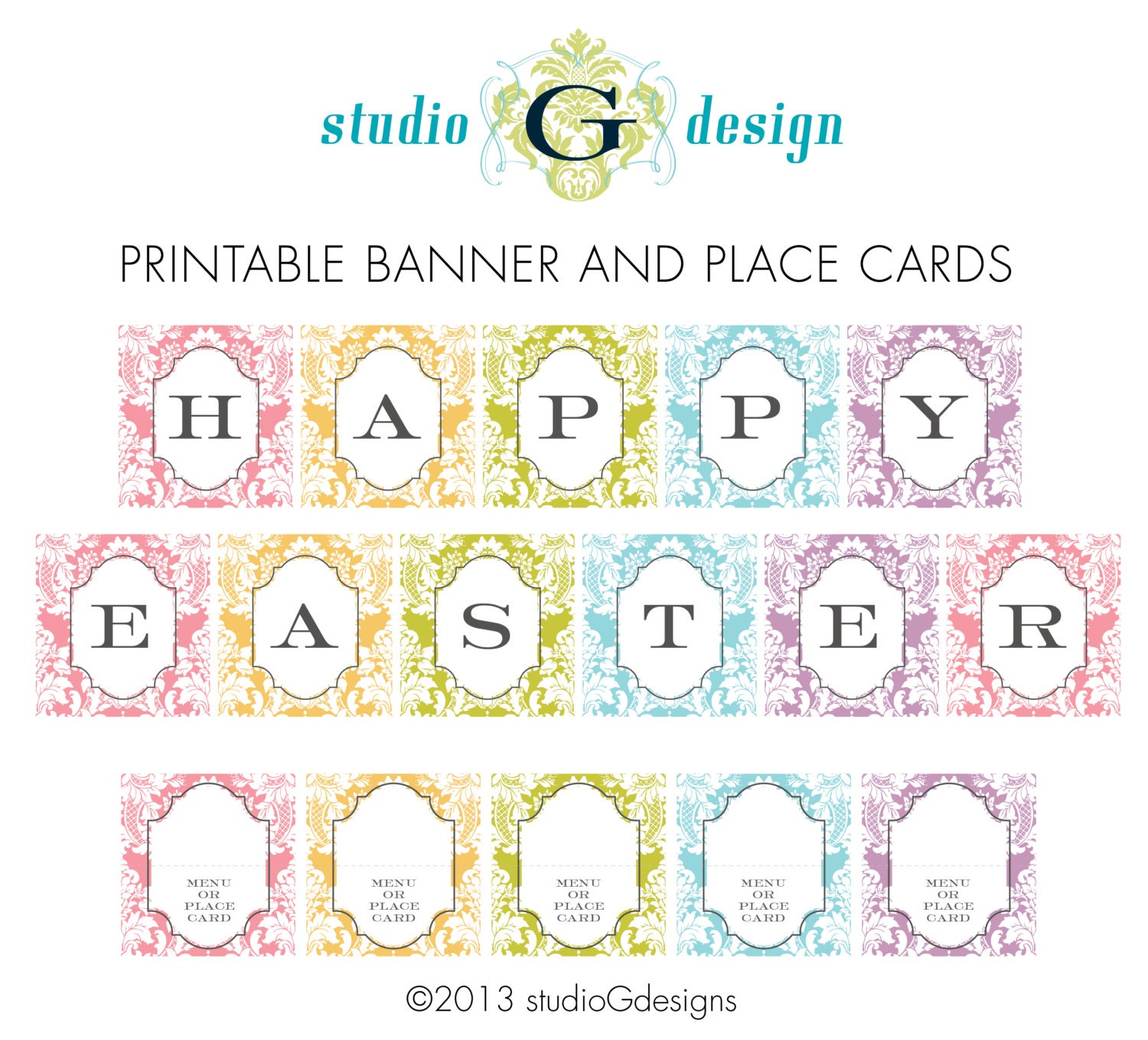 HAPPY EASTER Printable Banner and Menu or Place Cards -- downloadable digital file