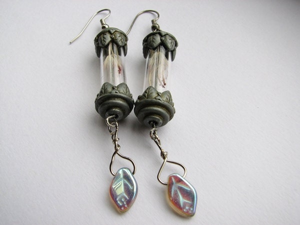 Silver Daisy Earrings Antiqued Glass Vial Gerbera Seed