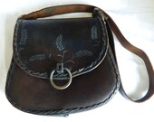 Vintage Handmade Tooled Dark Brown Leather Shoulder bag purse