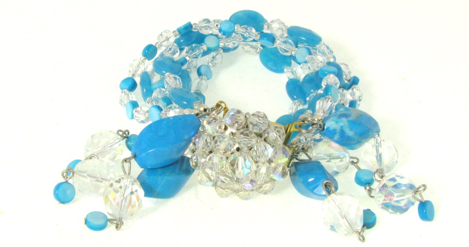Vintage Glam- Statement Cuff - Assemblage Bracelet-  Turquoise Stones- Chalcedony Stone- Shell Beads - Brooch Jewelry - Blues