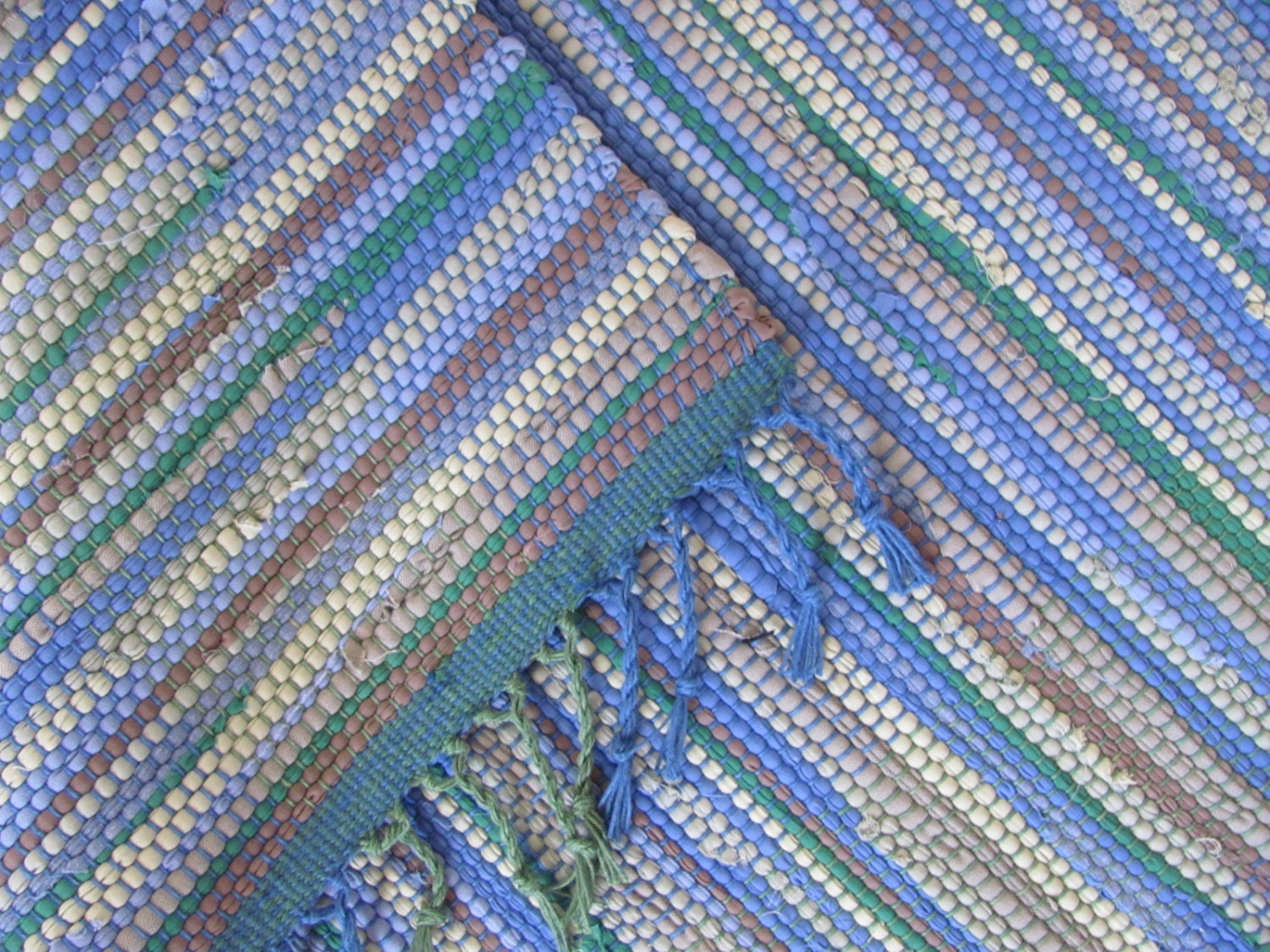 Summer Blue & Green Rag Rug, Handwoven Recycled Cotton, Beach Chic, Lake Cottage, Rustic Cabin, Country Farmhouse Decor 24" W x 46.5" L