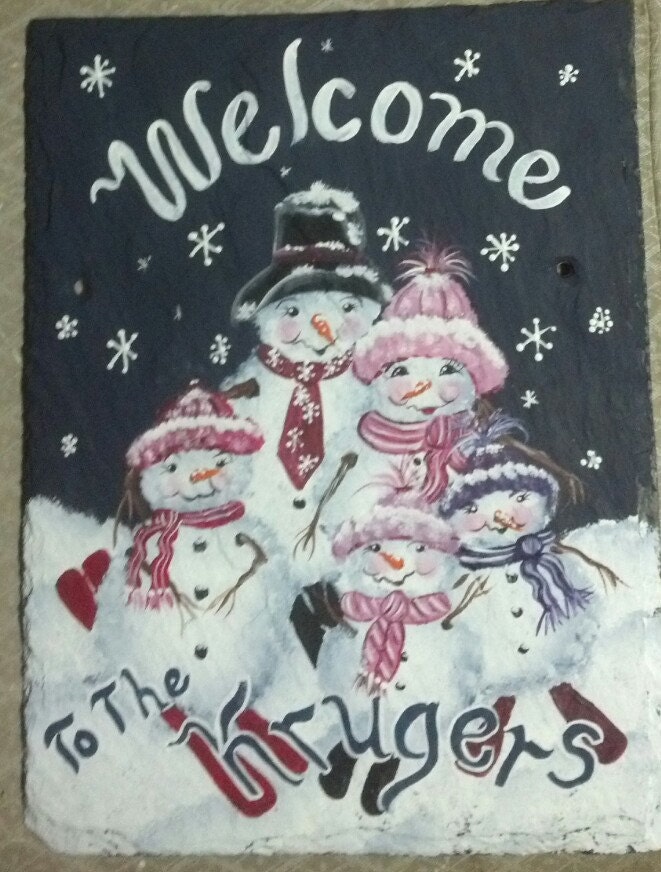Personalized Hanging Hand Painted Slate Welcome Sign Snowman Family and pets