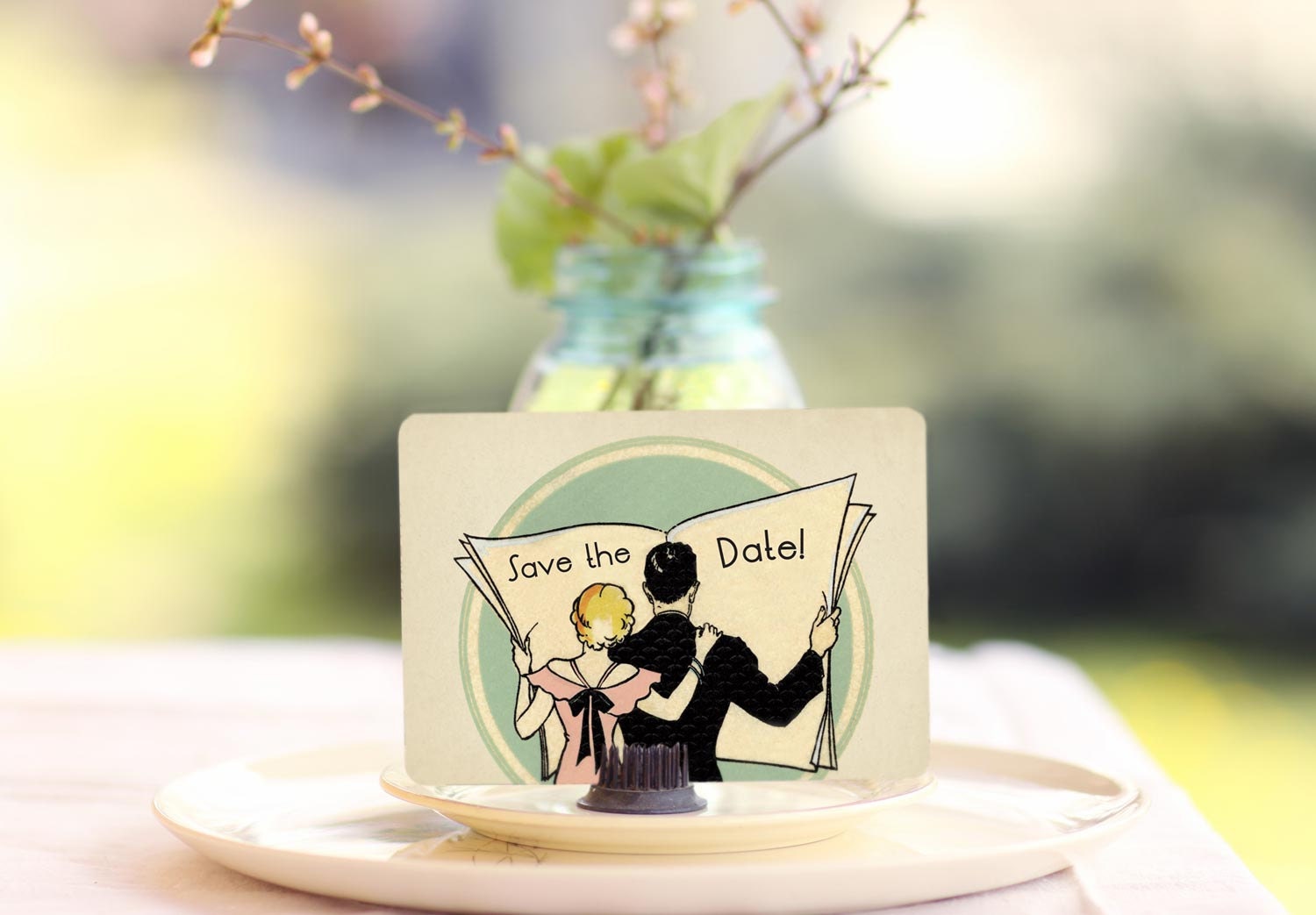 100 Wedding Invitations - Art Deco Save the Dates - Newspaper Couple Set of 100