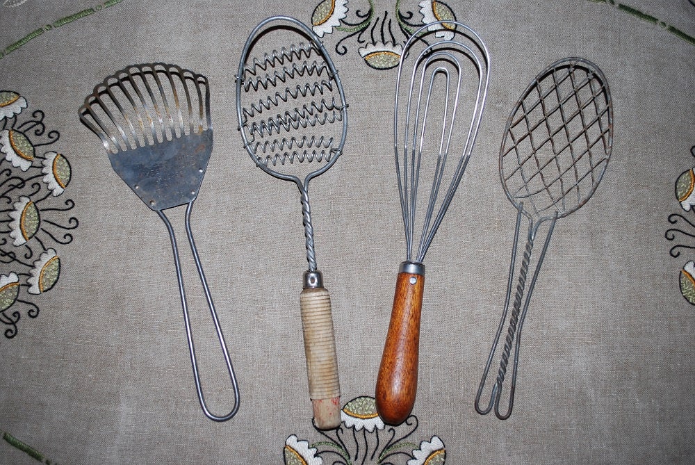 Antique Lot of 4 Kitchen Utensils - Slotted Strainers - Chief - Whisks - Hand Beater - 1920's - 1950's