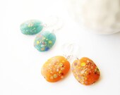 Confetti Glass Drop Earrings - Orange, Teal, Lampwork Bead Jewelry, Leverback,  Multicolor, Silver