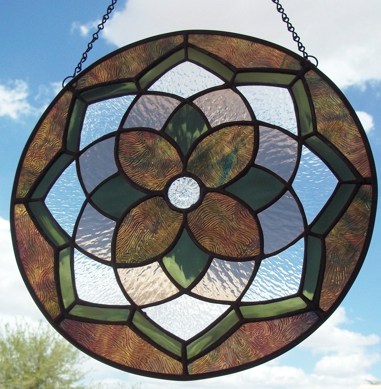 STAINED GLASS - Yorkshire Rose Mandala Stained Glass Window Panel Suncatcher