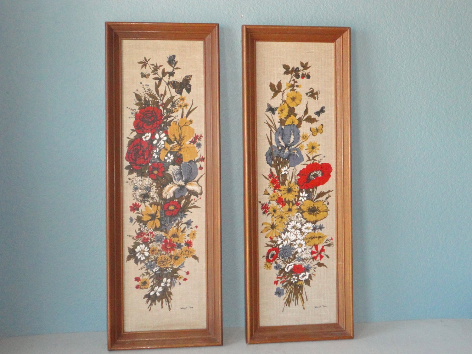 Pair of Vintage Floral Prints on Fabric Signed by Artist