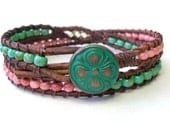 Boho leather wrap bracelet - Skinny Treasures -  leather stacking bracelet, silver, Bohemian jewelry, gypsy, layering, turquoise, pink