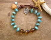 Bohemian knotted bracelet - Splash - beach jewelry, leather, wrap bracelet, aqua, artisan silver, tortoise shell, aquamarine, opal, summer