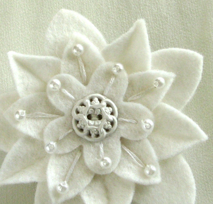 White on White Felt Flower Pin  with Vintage Pierced White Button, Pearl Beads and Hand Embroidery - Wedding
