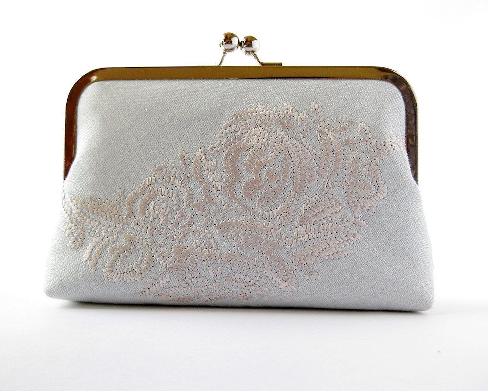 Embroidered leaf in Silver on Aqua Linen clutch, Bag Noir, Bridesmaids clutch, Weddings, Bride purse, Formal clutch purse