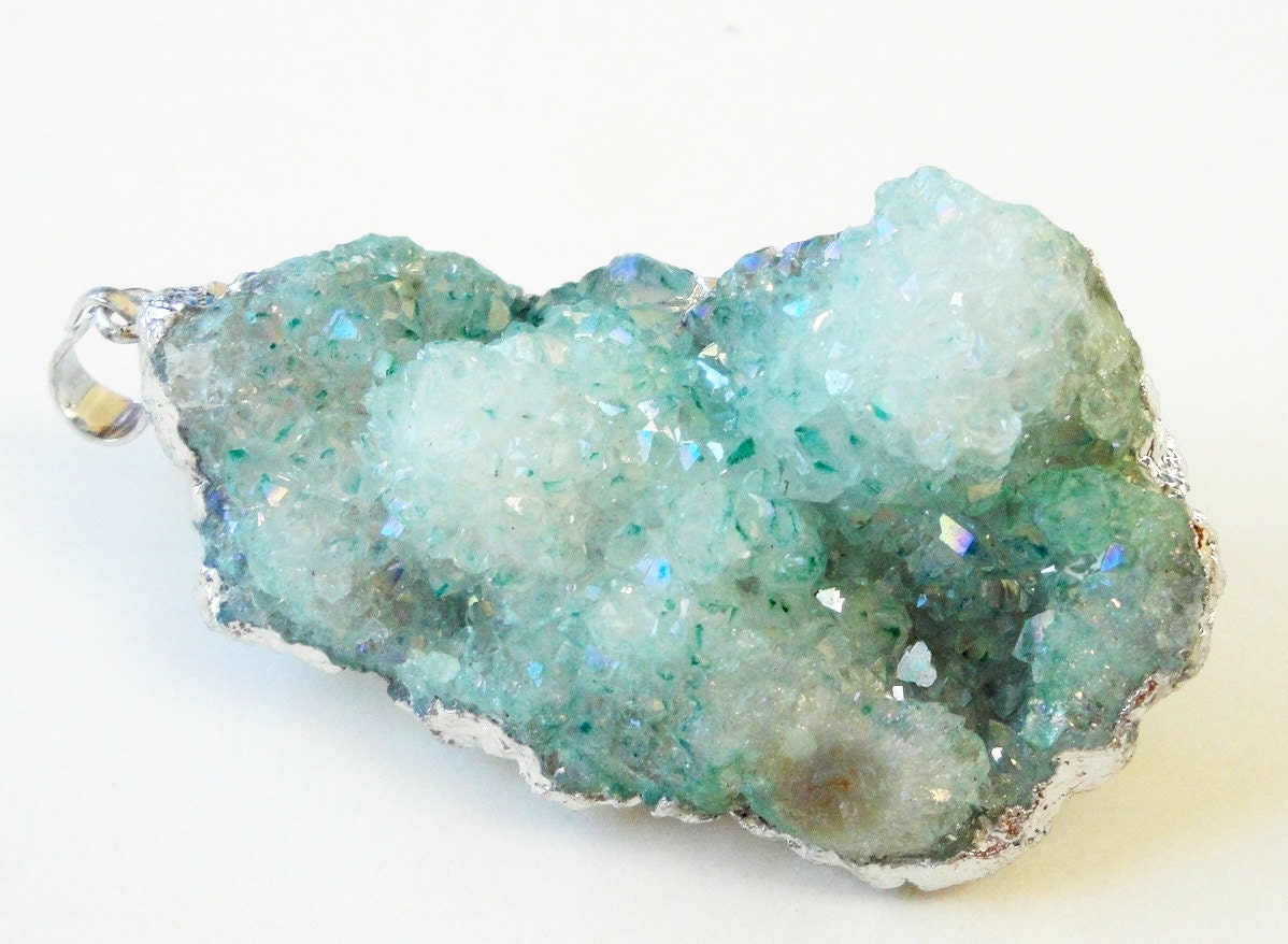 Green Rough Raw Surface Druzy Dipped In Sterling Silver Druzy Stone Pendant Drussy Druzzy