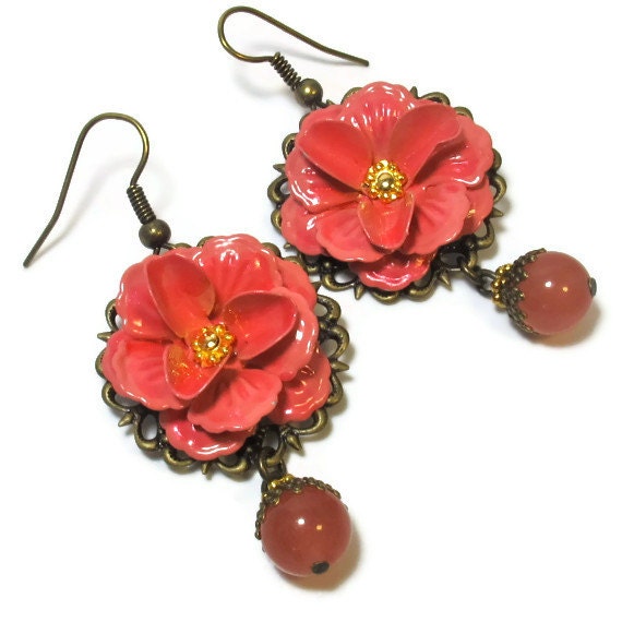Flower Earrings in Pink Coral,  Vintage Inspired Jewelry