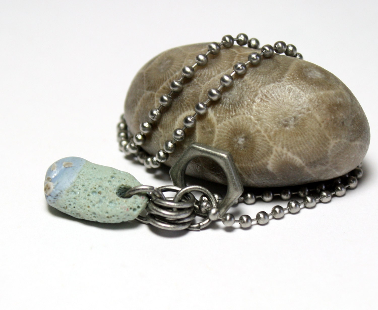 Blue Slag Glass Necklace Jewelry- Sea Seaglass Pebble and Antique Silver Metalwork Handmade by Allybeans