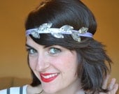 Lavender Satin Elastic Headband with Sparkly Silver Sequin and Beaded Leaves by Jill's Boutique on Etsy