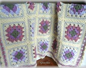 Crocheted  BABY  BLANKET AFGHAN Girl  Lap Granny Squares Warm Soft Cream Lilac Dusty Rose