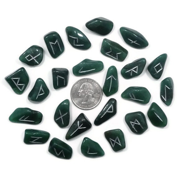 Small Green Quartz  Rune Set Hand Carved Elder Futhark With Manual & Pouch (Natural)