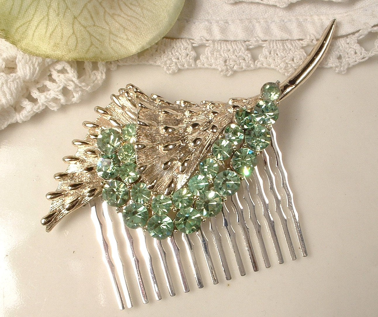 TRUE Vintage Mint Green Rhinestone Bridal Hair Comb - Silver Plated Heirloom Designer CORO Signed Brooch Haircomb
