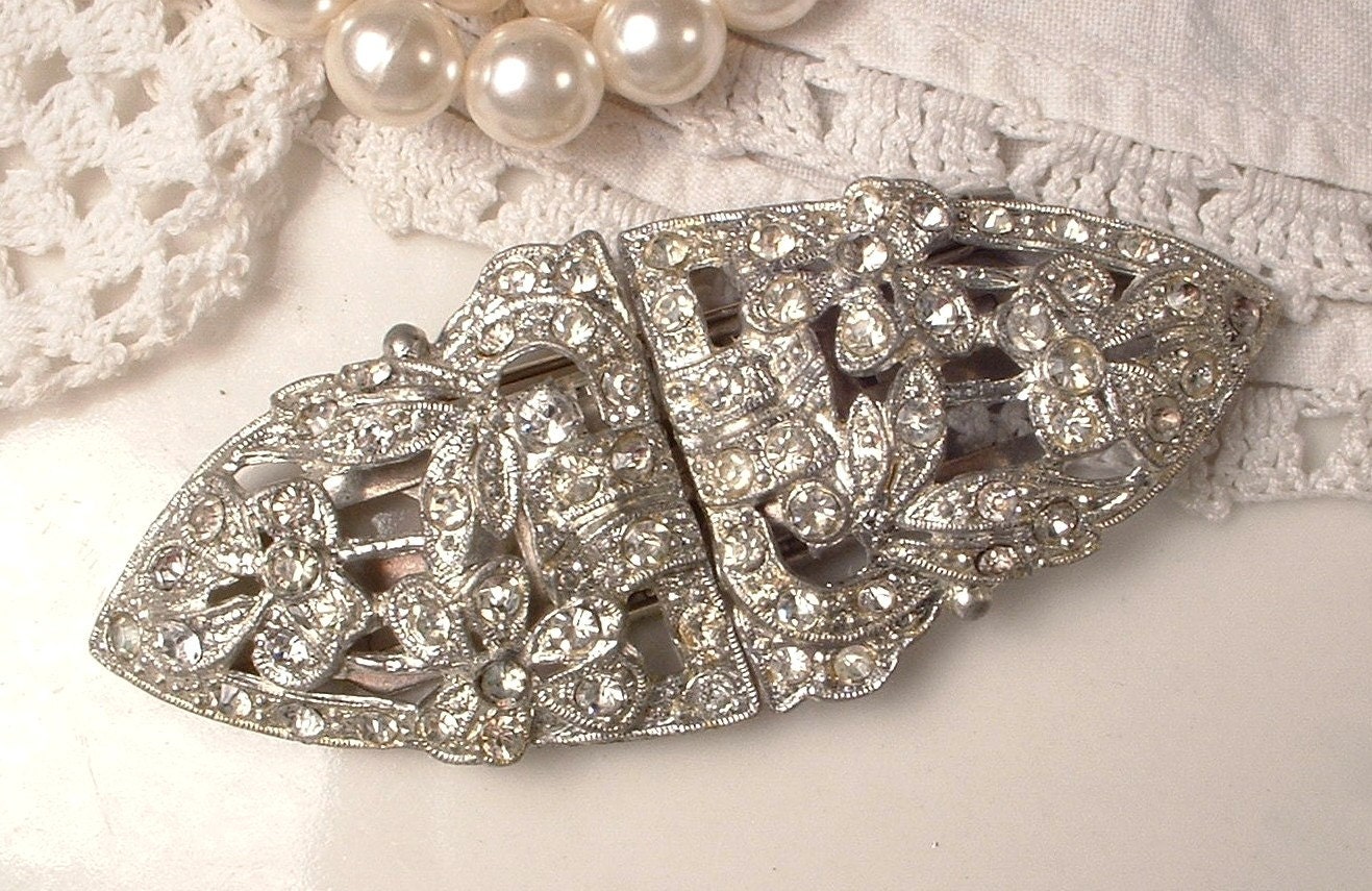 Duette Brooch OR Hair Comb OR Dress Clips, Authentic 1920s - 1930s Vintage Art Deco Rhinestone Bridal Brooch, Clips or Haircomb Large GATSBY