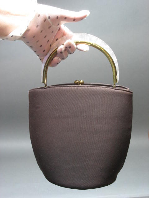 Beautiful INGER 1950s Chestnut Brown Fabric Handbag with Lucite handle