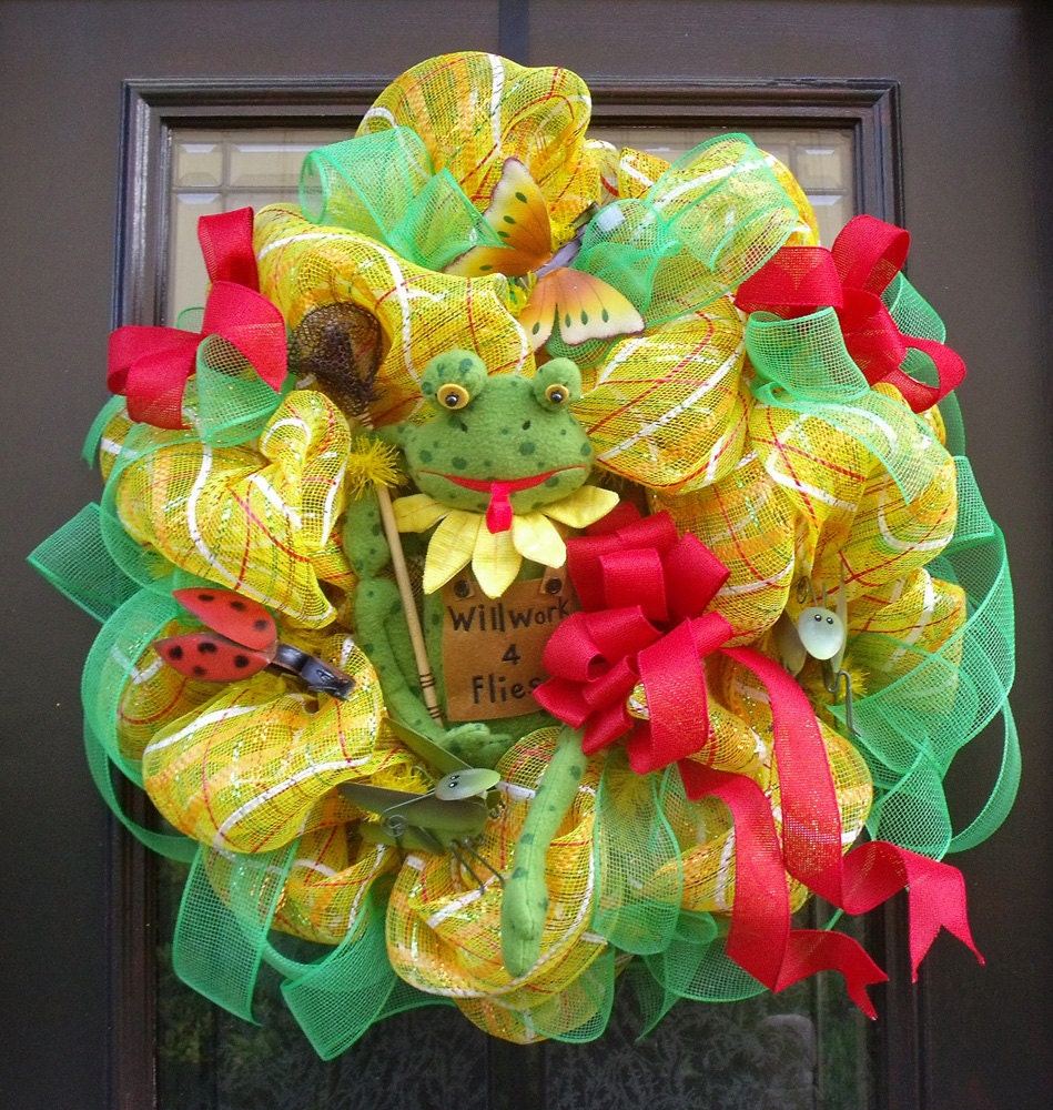 Frog Wreath, Deco Mesh Wreath Summer, Mesh Wreaths, Summer Wreaths, Frog Outdoor Decor, Insect Decor