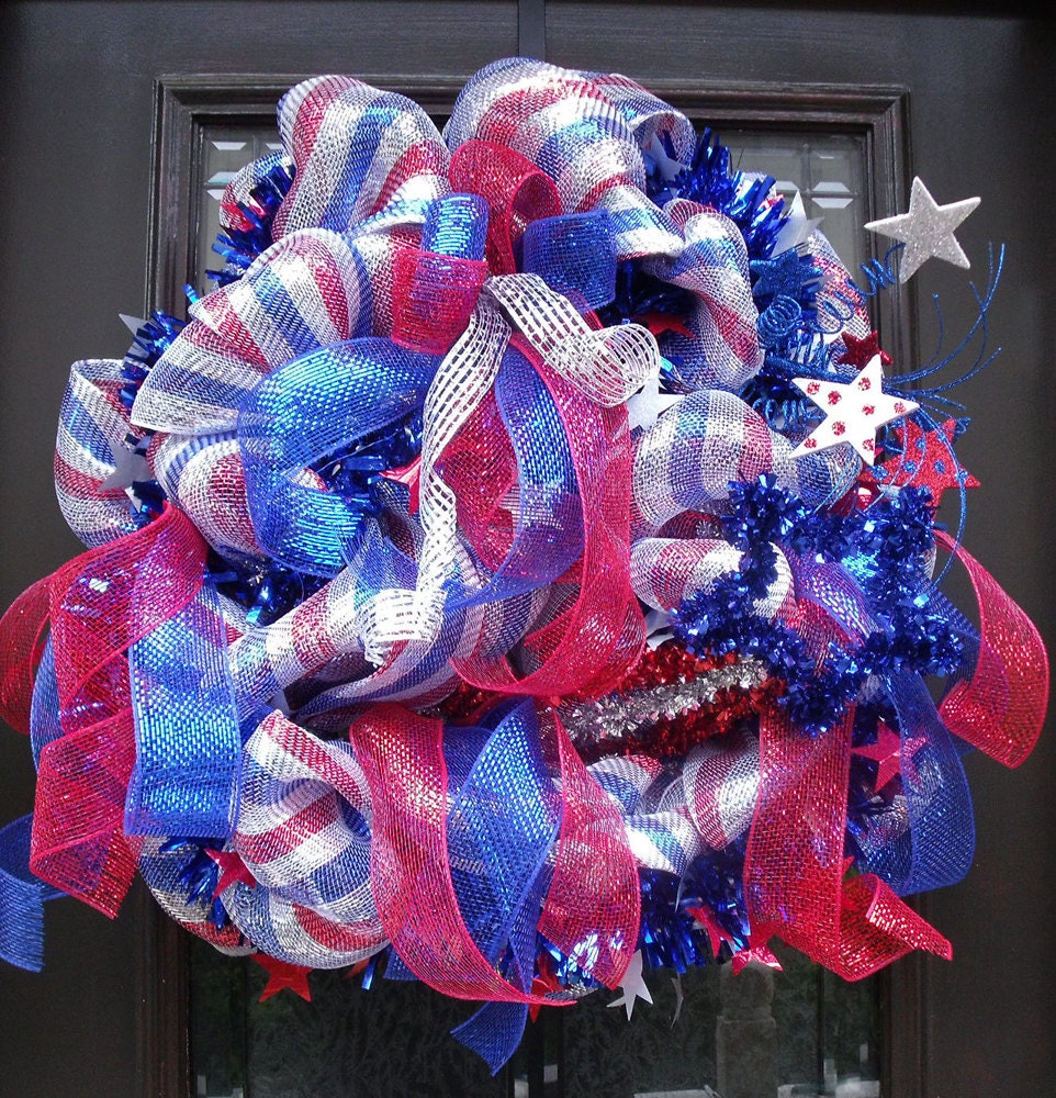 July 4th Wreaths, Patriotic Wreath, Patriotic Deco Mesh Wreath, Shooting Stars Decoration, Patriotic Door Decor