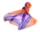 Hand Painted Long Silk Chiffon Scarf, Figutal, Dots, Yellow, Different Shsdes of Purple, Pink