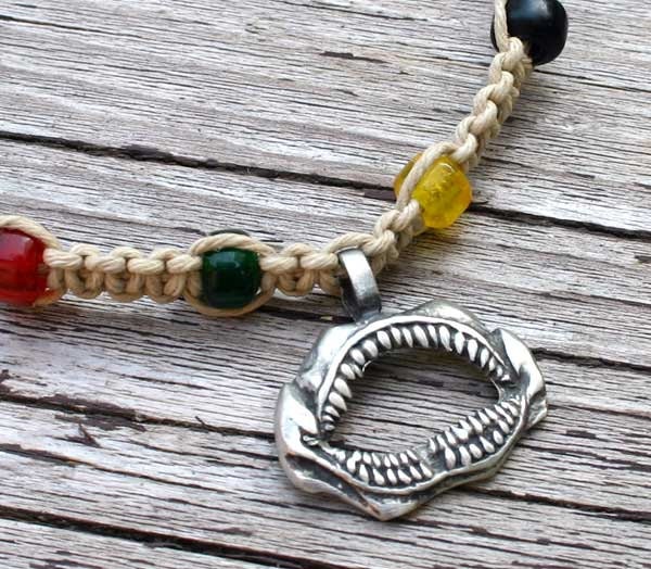Hemp Choker Necklace With Pewter Shark Jaw Pendant Rasta Colors
