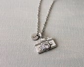 Antique Silver Camera Necklace. personalized initial necklace
