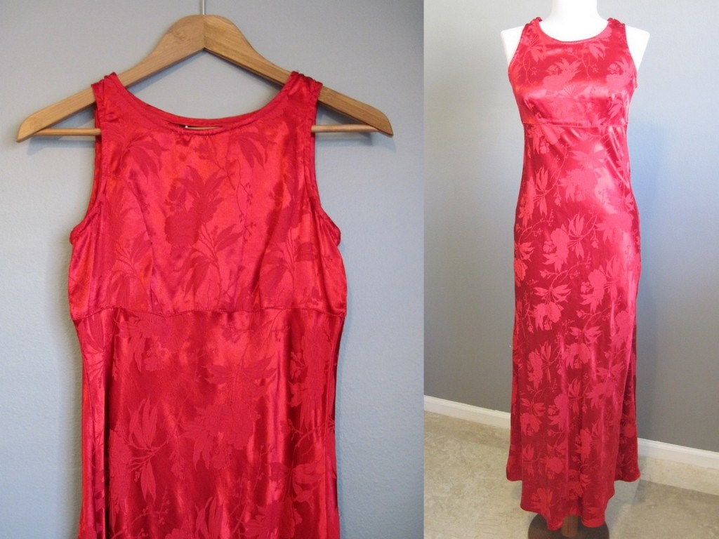 Red Maxi Dress Vintage Brocade Body Con Prom 1990s XS
