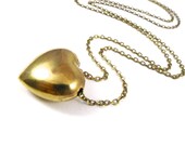 Puffy Heart Pendant on Long Chain Necklace, Vintage Brass Heart, 30 inch Chain, Handmade Jewelry