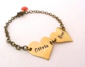 Soulmate Bracelet, Custom Hand punched Names on 2 hearts, Husband, Wife, Handmade, Bridal, Heart Charms, Children Names
